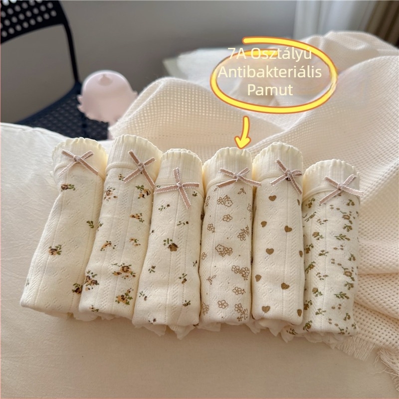 Lányoknak szóló pamut bugyi, légáteresztő, antibakteriális, középmagas derekú, kötött anyag, virágos mintázat