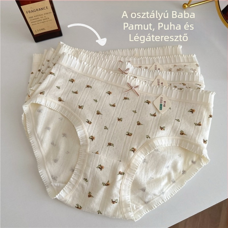 Lányoknak szóló pamut bugyi, légáteresztő, antibakteriális, középmagas derekú, kötött anyag, virágos mintázat