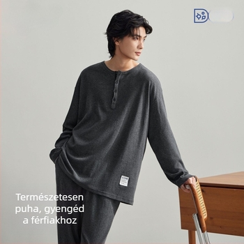 Stretch pamut pizsama – hosszú ujjú felső, nyomtatás, zseb és gombok, antistatikus, antibakteriális, melegen tart