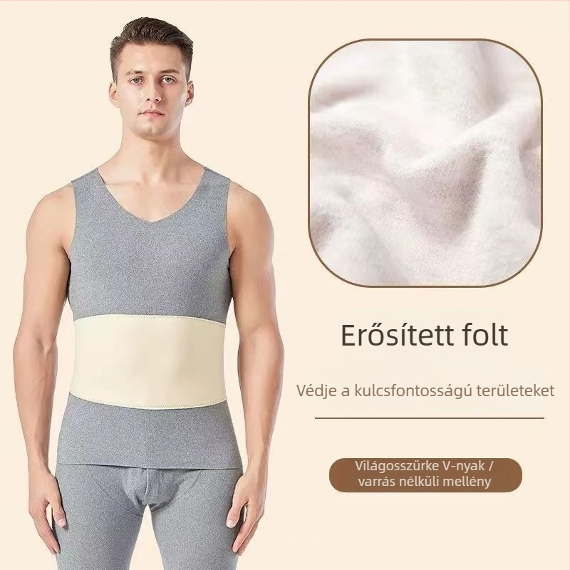 Férfi thermál mellény fleece béléses, dupla rétegű poliészterből, velúr belső, V-nyakú pulóver, varrat nélküli, derék és hátsó védelem