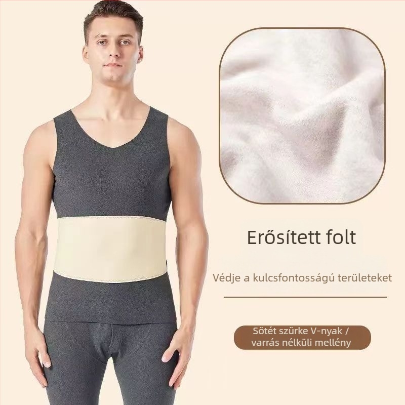 Férfi thermál mellény fleece béléses, dupla rétegű poliészterből, velúr belső, V-nyakú pulóver, varrat nélküli, derék és hátsó védelem