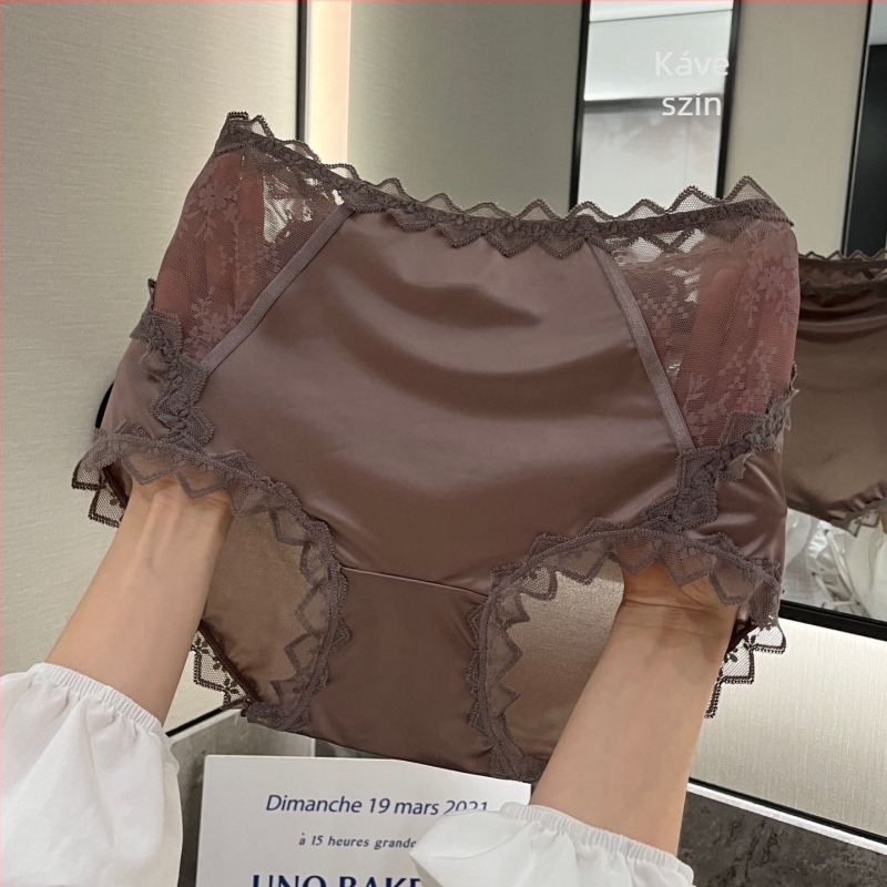 Plus-size csipkés magas derekú női alsónemű, francia szatén, hálóval, kényelmes pamut bélés