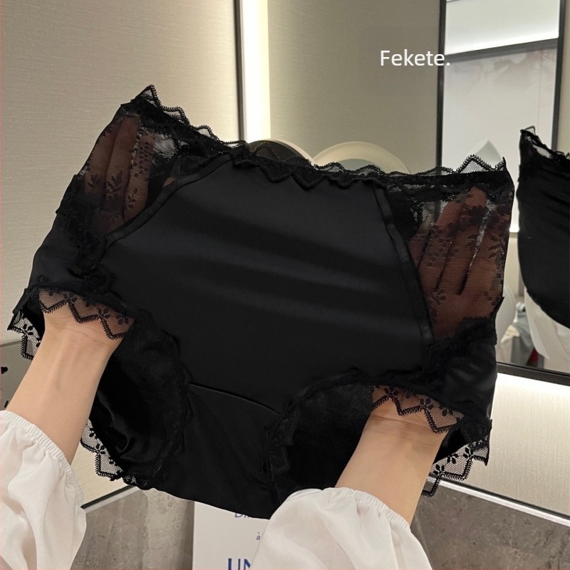 Plus-size csipkés magas derekú női alsónemű, francia szatén, hálóval, kényelmes pamut bélés