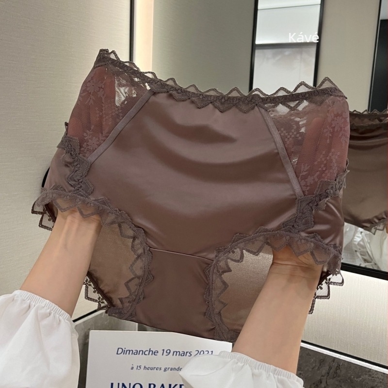Plus-size csipkés magas derekú női alsónemű, francia szatén, hálóval, kényelmes pamut bélés