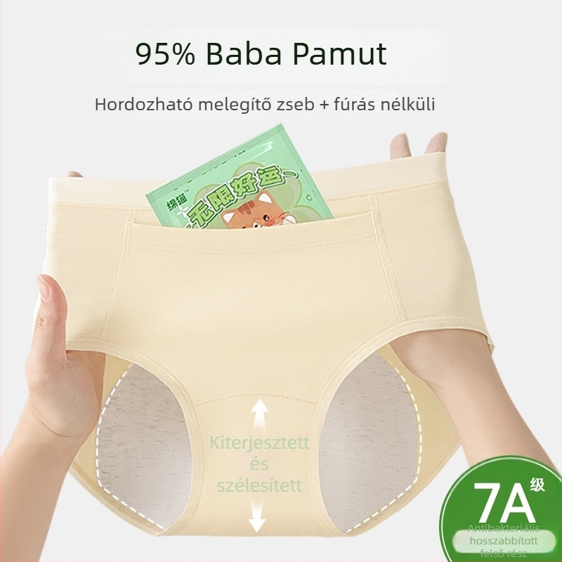 Női menstruációs alsónemű, szivárgásmentes, hosszított ágyékkal, zseb a melegítő párnához, melegen tartja a hasat