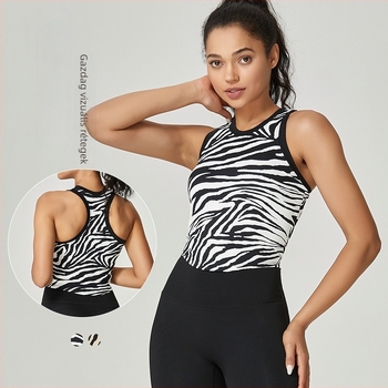 Zebramintás hátrészes edzőtop beépített melltartó párnákkal, izzadságot felszívó, gyorsan száradó, karcsú szabású, 75% nylon / 25% spandex, 2023 nyár, fiatal nőknek