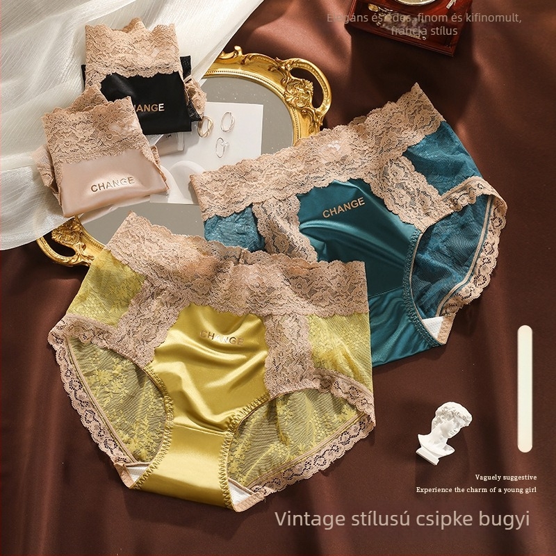 Női szatén csipkés alsó, középmagas derekú, panelek, fő anyag nylon, belső Mulberry selyem, fonal 61-70d