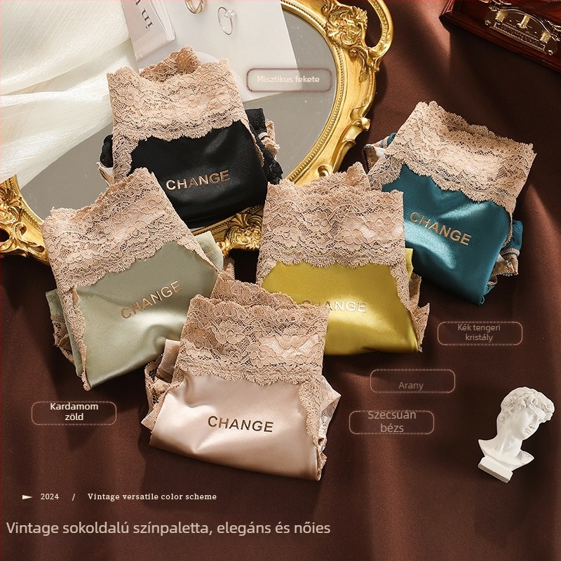 Női szatén csipkés alsó, középmagas derekú, panelek, fő anyag nylon, belső Mulberry selyem, fonal 61-70d
