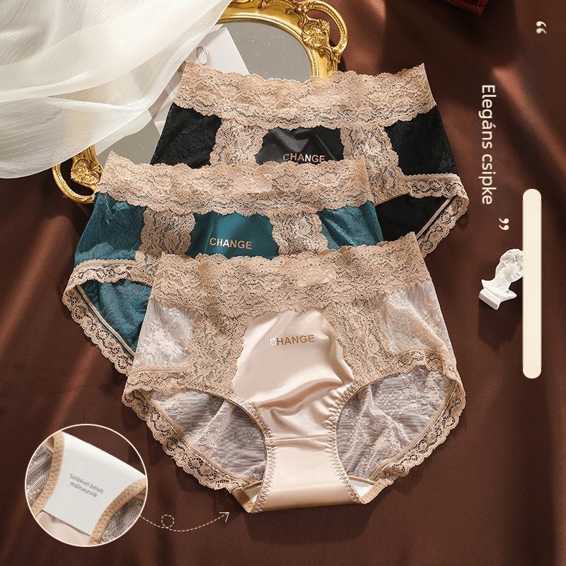 Női szatén csipkés alsó, középmagas derekú, panelek, fő anyag nylon, belső Mulberry selyem, fonal 61-70d
