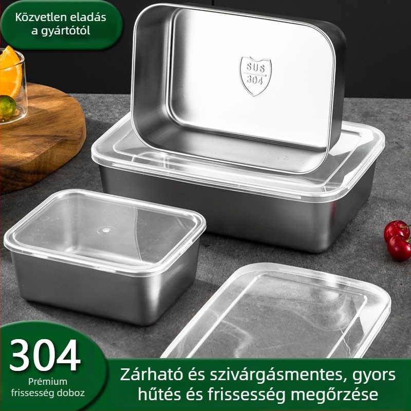 Rozsdamentes acél ételminta doboz fedéllel – téglalap alakú, szorosan záródó, mikrohullámú sütőben használható, egyrétegű