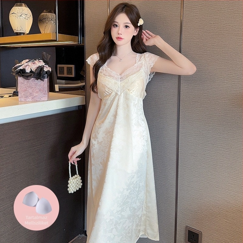 Pántos hálóing Ice Silk, Elegáns érzet, Hosszú, V-nyakú, 3/4-es ujjak