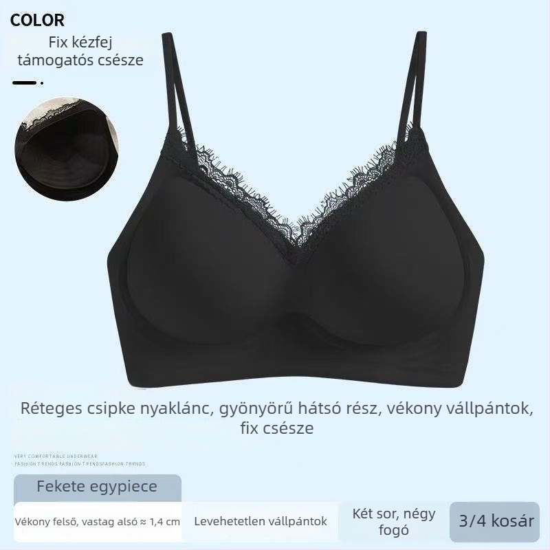Csipkés női melltartó, vezeték nélküli, kosár 3/4, nylon csipke, poliészter bélés, hátoldali háromoszlopos zárás