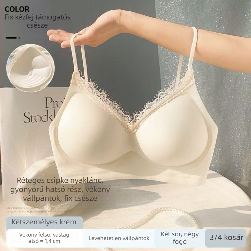 Csipkés női melltartó, vezeték nélküli, kosár 3/4, nylon csipke, poliészter bélés, hátoldali háromoszlopos zárás