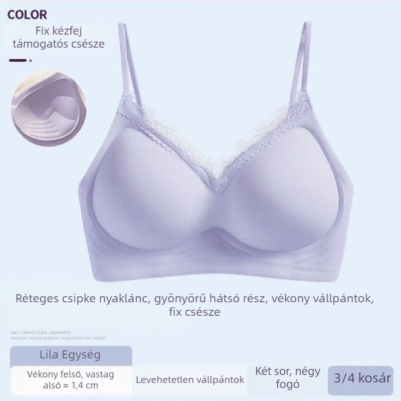 Csipkés női melltartó, vezeték nélküli, kosár 3/4, nylon csipke, poliészter bélés, hátoldali háromoszlopos zárás