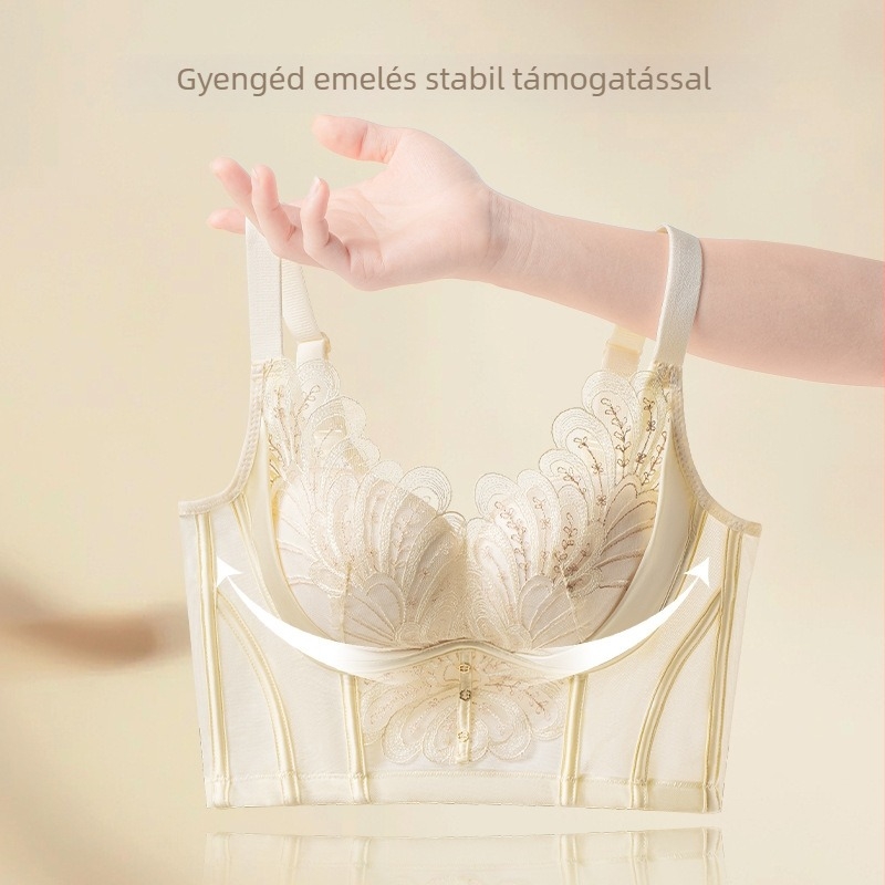 Formázó melltartó oldalsó támasztással, 3/4 kosár, közepes formázású kosár, nejlon csipke anyag, hátul öt sor kapocs, merev vállpántok