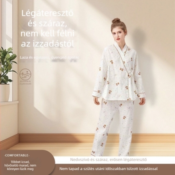 100% pamutból készült kismama pizsama szett szoptatásra — otthoni viselet, hosszú ujjú, kerek nyakú, virágos mintával