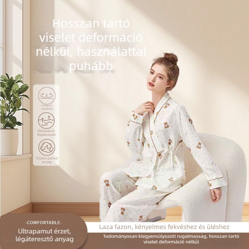 100% pamutból készült kismama pizsama szett szoptatásra — otthoni viselet, hosszú ujjú, kerek nyakú, virágos mintával