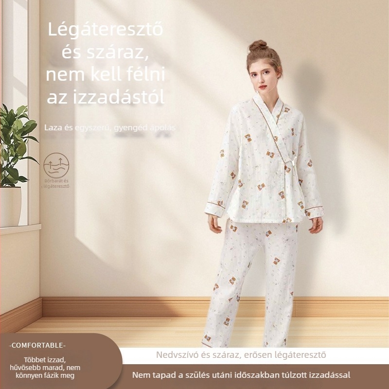 100% pamutból készült kismama pizsama szett szoptatásra — otthoni viselet, hosszú ujjú, kerek nyakú, virágos mintával
