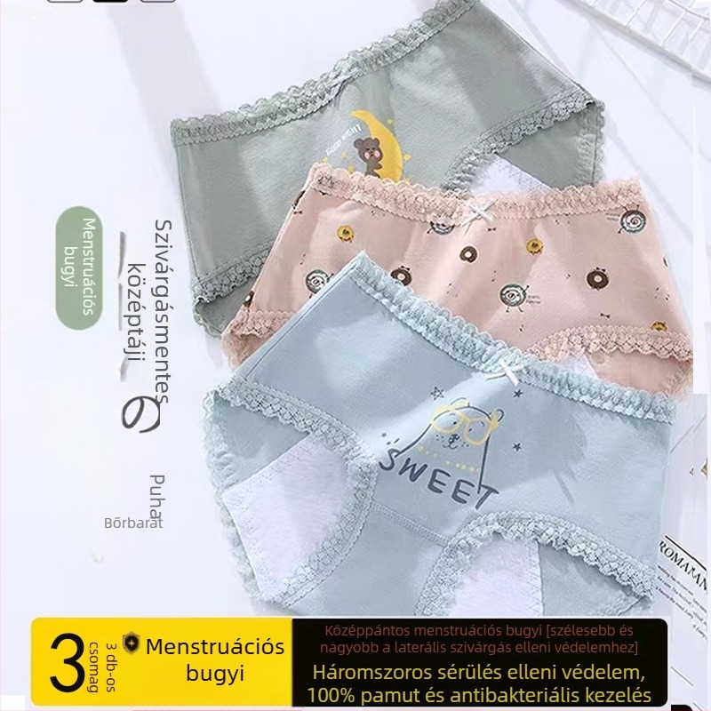 Női pamut középmagas derekú alsónemű, állatmintás, menzeszvédő, csipkés szegéllyel