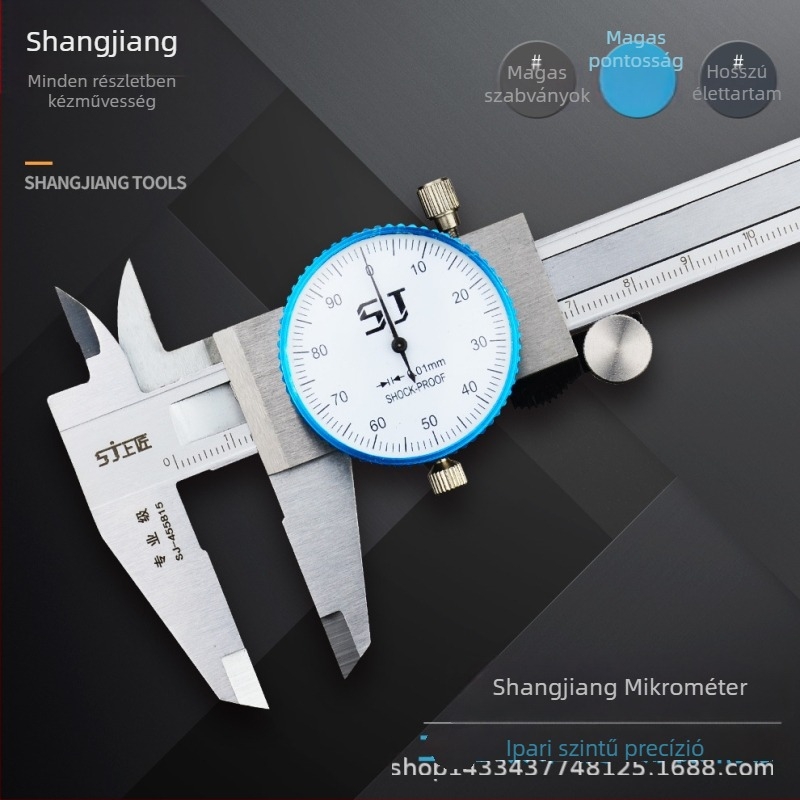 Vernier tolómérő számlappal, kétirányú ütésálló kivitel, 0-150 mm, felbontás 0,01/0,02 mm