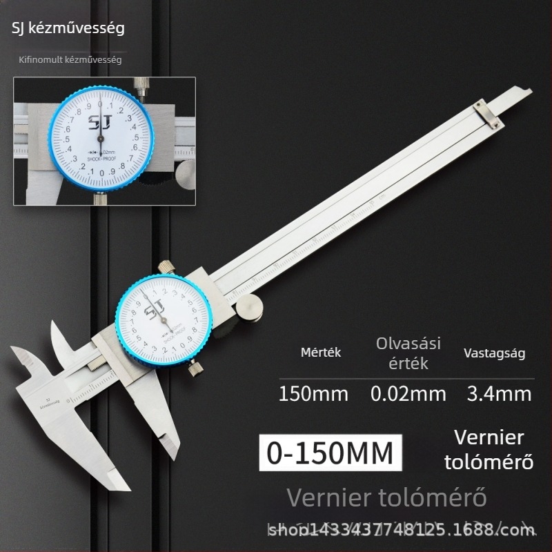 Vernier tolómérő számlappal, kétirányú ütésálló kivitel, 0-150 mm, felbontás 0,01/0,02 mm