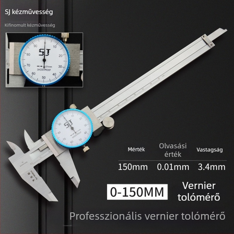 Vernier tolómérő számlappal, kétirányú ütésálló kivitel, 0-150 mm, felbontás 0,01/0,02 mm