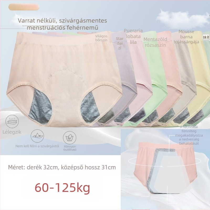 Női varrás nélküli, magas derekú menstruációs fehérnemű, szivárgásmentes, plusz méret, 100 kg-ig, 90% pamut