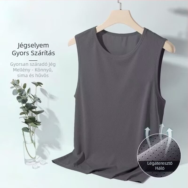 Férfi Ice Silk pánt nélküli felső – laza nyári szabás, kerek nyak, 95–100% poliészter, közepes súlyú 161–180 g/m², Ifjúsági divat