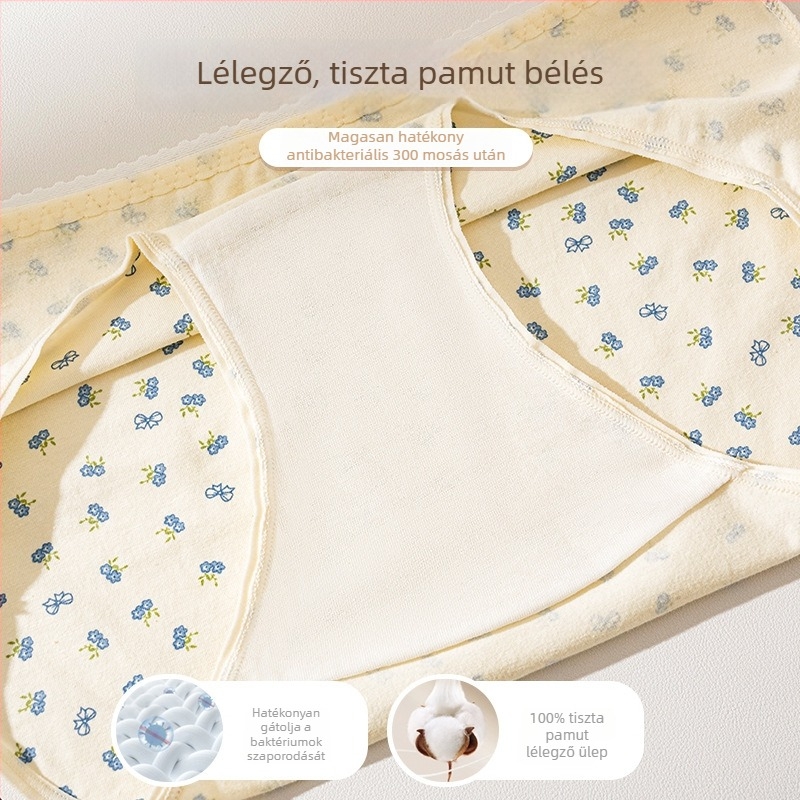 Virágmintás pamut női alsó, középmagas derekú, antibakteriális 10A, lélegző, plusz méret