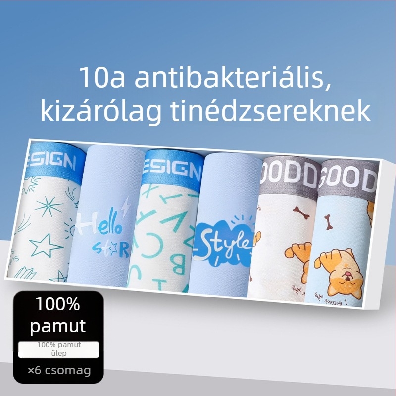 Pamut boxeralsók tinédzser fiúk számára, varrat nélküli, lélegző, mintázatai: állat-, geometriai mintázatú, színblokkokkal vagy graffiti