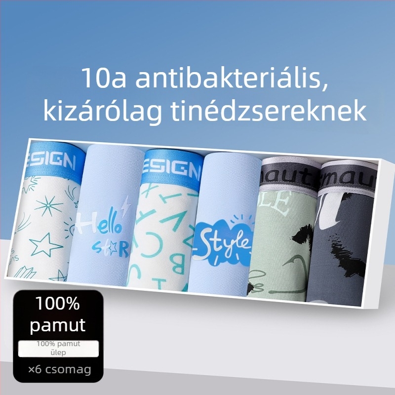 Pamut boxeralsók tinédzser fiúk számára, varrat nélküli, lélegző, mintázatai: állat-, geometriai mintázatú, színblokkokkal vagy graffiti