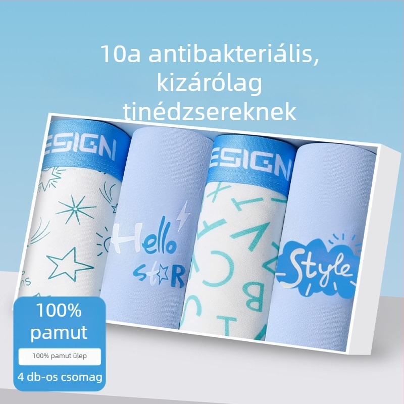Pamut boxeralsók tinédzser fiúk számára, varrat nélküli, lélegző, mintázatai: állat-, geometriai mintázatú, színblokkokkal vagy graffiti