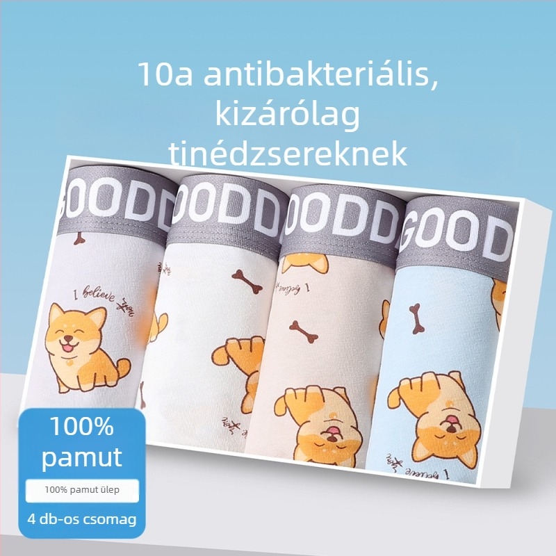 Pamut boxeralsók tinédzser fiúk számára, varrat nélküli, lélegző, mintázatai: állat-, geometriai mintázatú, színblokkokkal vagy graffiti