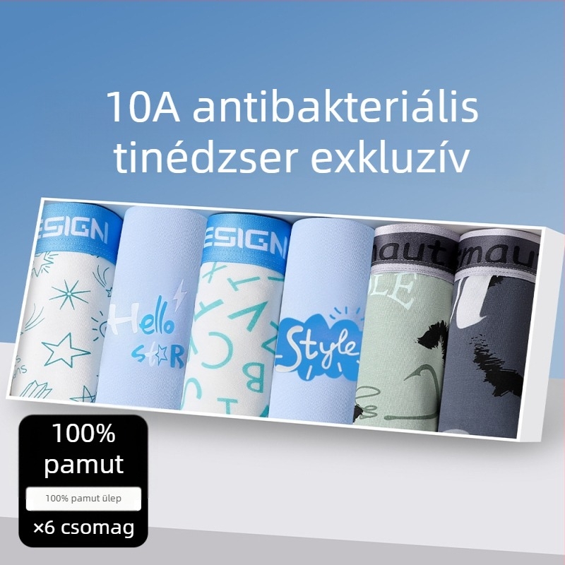 Pamut boxeralsók tinédzser fiúk számára, varrat nélküli, lélegző, mintázatai: állat-, geometriai mintázatú, színblokkokkal vagy graffiti