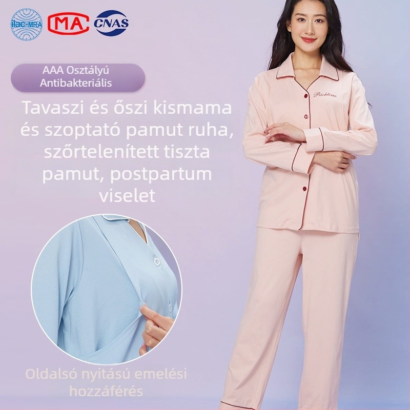 Szülés utáni anyáknak szoptatós pizsama készlet – pamutból, hosszú ujjú, nadrágos, 95%+ pamut