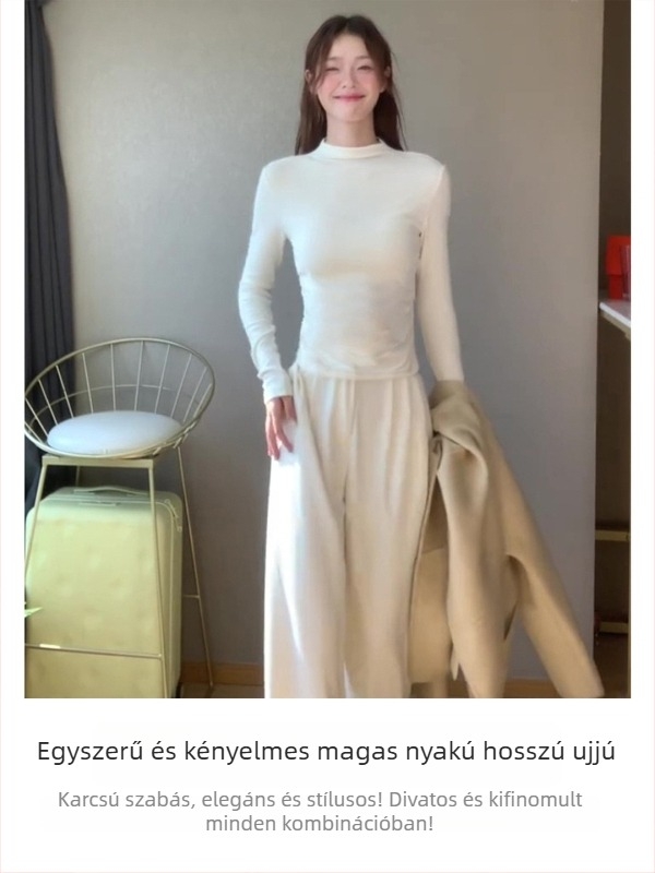 Viskózanyagú, egyszínű hosszú ujjú felső, fél nyakú, karcsú szabás