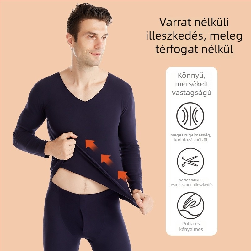 Sima varrás nélküli termikus alsó- és felsőruha unisex, hosszú ujjú felső és hosszú nadrág, kétoldalas bolyhos felület