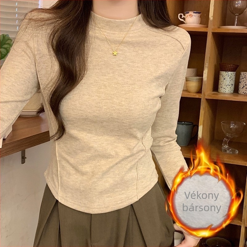 Női poliészter póló felső fleece béléssel, hosszú ujjú, fél magas gallér, halszálka mintás és ívelt alsó él - szűk szabás