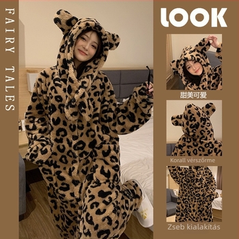 Leopard mintás korall fleece kapucnis pizsama, két részes készlet, vastag anyag 251–300 g/m2, hosszú ujjú felső és nadrág