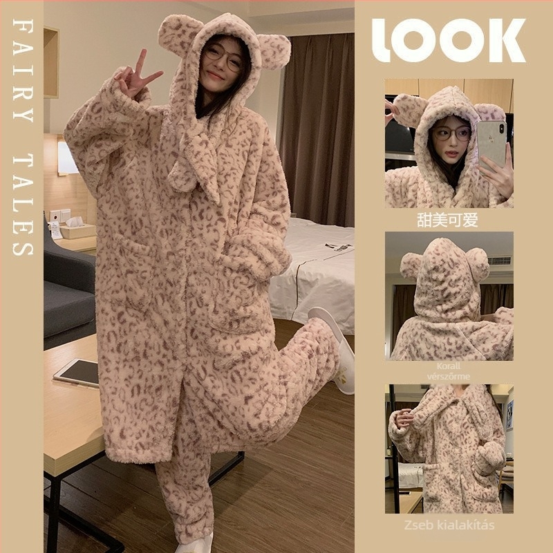 Leopard mintás korall fleece kapucnis pizsama, két részes készlet, vastag anyag 251–300 g/m2, hosszú ujjú felső és nadrág