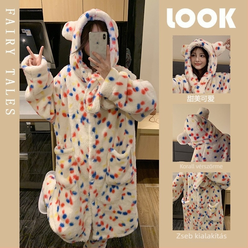 Leopard mintás korall fleece kapucnis pizsama, két részes készlet, vastag anyag 251–300 g/m2, hosszú ujjú felső és nadrág
