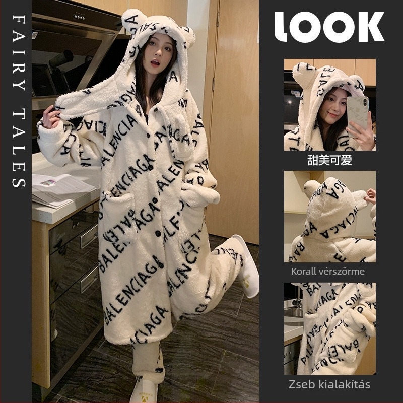 Leopard mintás korall fleece kapucnis pizsama, két részes készlet, vastag anyag 251–300 g/m2, hosszú ujjú felső és nadrág
