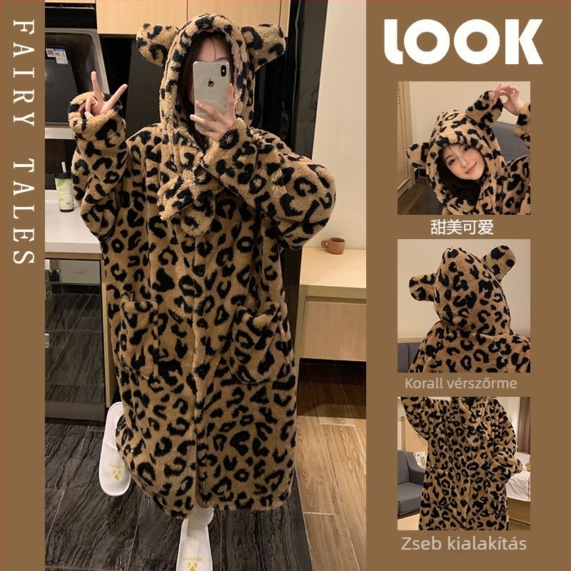 Leopard mintás korall fleece kapucnis pizsama, két részes készlet, vastag anyag 251–300 g/m2, hosszú ujjú felső és nadrág