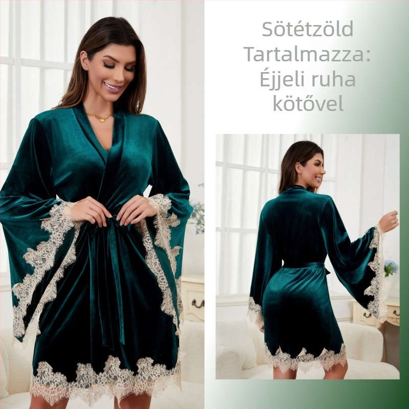 Bársonyos rövid hálóing csipkével, V-nyakú, hosszú ujjú, kényelmes otthoni viselet