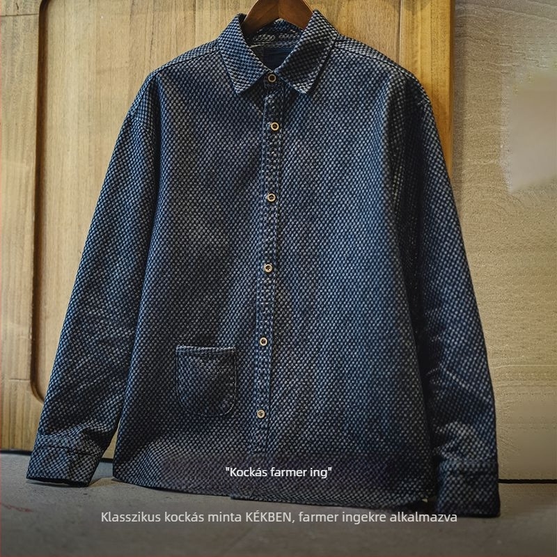 Férfi denim-ing-jackett, amerikai retro stílusú kockás mintával, laza szabás, gallér, hosszú ujjak, tavasz