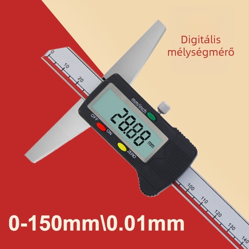 Digitális mélységmérő tolómérő kijelzővel, rozsdamentes acélból, 0-150 mm tartomány, egy- és két kampó, nagy precizitás