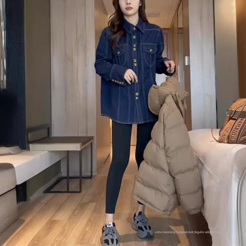 Női rétegzett denim ingkabát, egyedi dizájn, koreai stílusú laza vonal, őszi-téli szezon