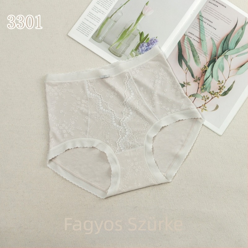 Plusz méretű női alsó magas derekú, antibakteriális selyem, meghosszabbított panel, finom jacquard csipke, háromszög alakú fazon, francia stílus tavasz 2025