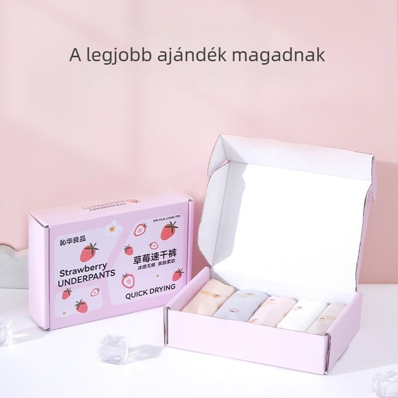 Női Ice Silk eper mintás ultra vékony bugyi, antibakteriális, lélegző, középmagas derekú, plusz méret, gyorsszáradó sportos alsó