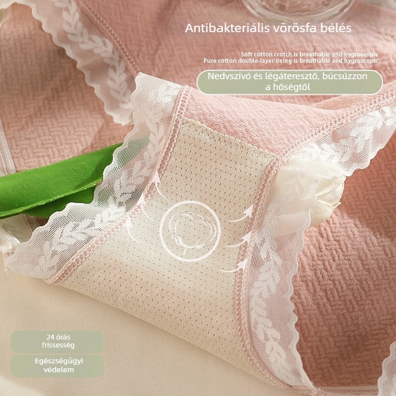 Női pamut alsónemű antibakteriális zónával, középmagas derékkal, varrás nélküli, csipkés, légáteresztő